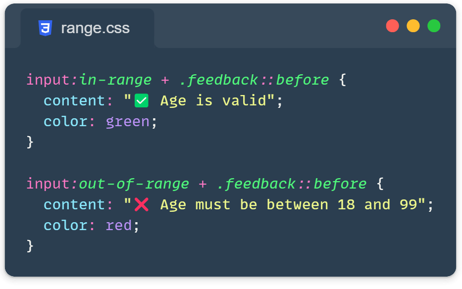 CSS range selectors illustrated: :out-of-range and :in-range pseudo-classes enhancing form design